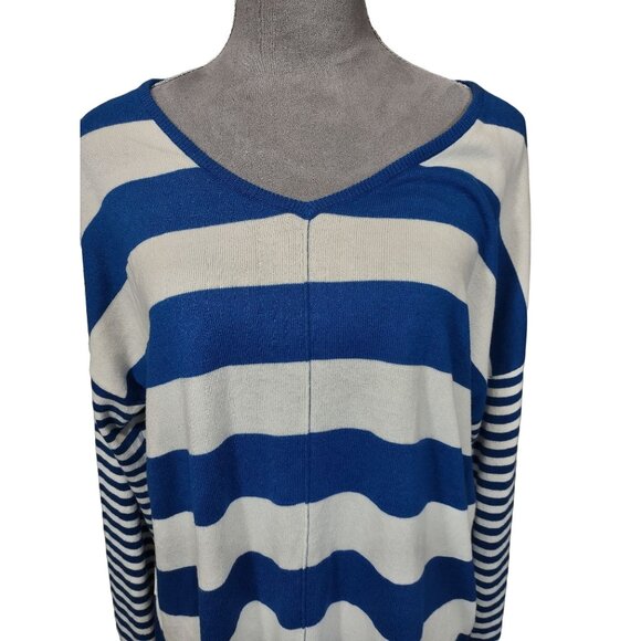 Womens Sweater Striped Contrasting Sleeve Blue White Tunic Stretch Large 12-14 - Picture 6 of 6